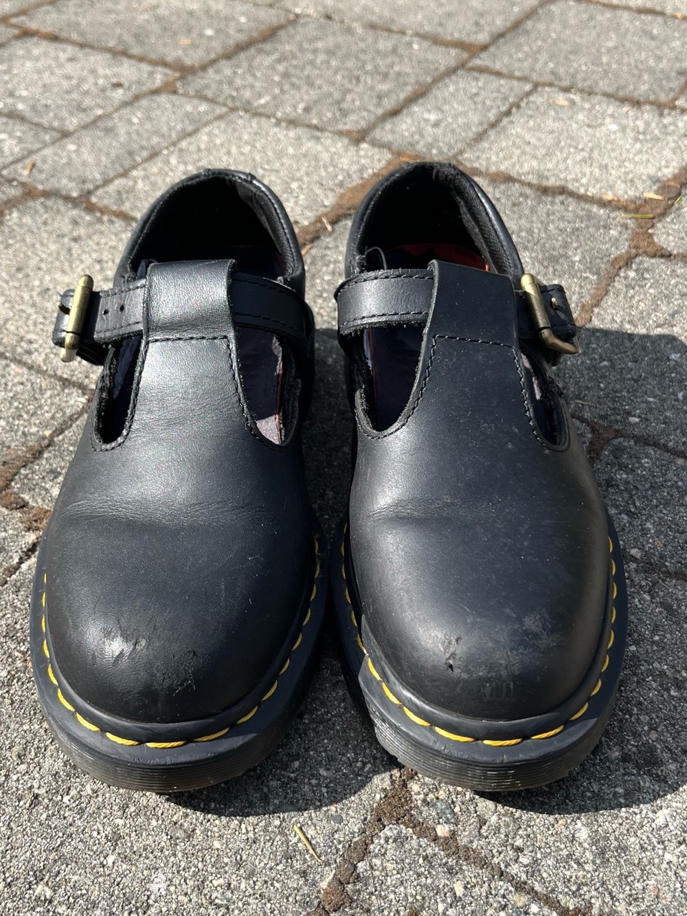 Dr. Martens Black Mary Jane Shoes with Yellow Stitching